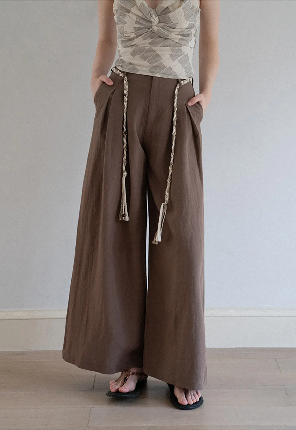Wide Leg Pants with Braided Rope Belt