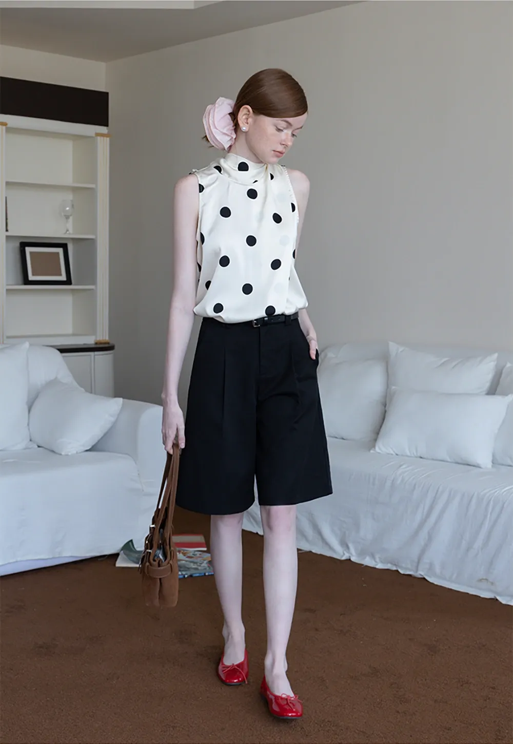 Women's Sleeveless Polka Dot Blouse with Scarf Detail