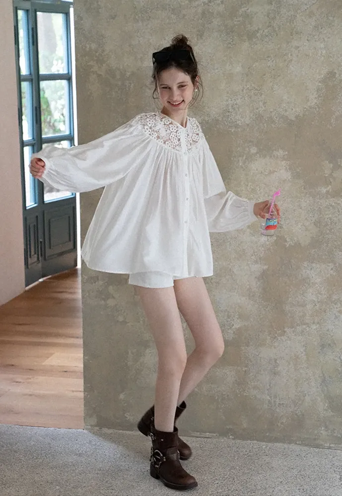 Women Lace Yoke Bishop Sleeve Button Down Blouse