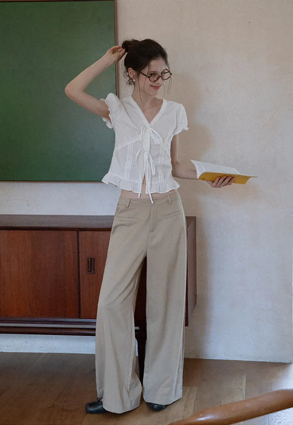 Women's Puff Sleeve Back Tie Blouse with Lace Trim