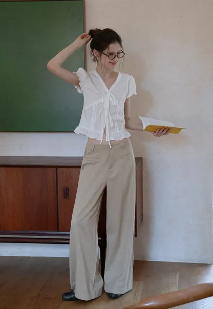 Women's Puff Sleeve Back Tie Blouse with Lace Trim