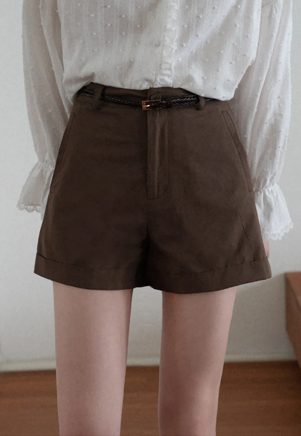 Women High Waist Belted Cuffed Chino Shorts with Pocke