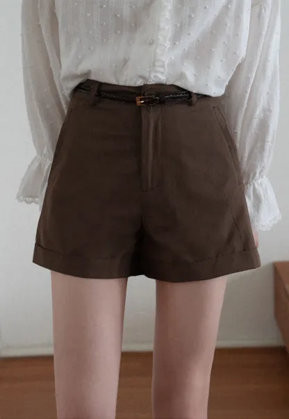 Women High Waist Belted Cuffed Chino Shorts with Pocke