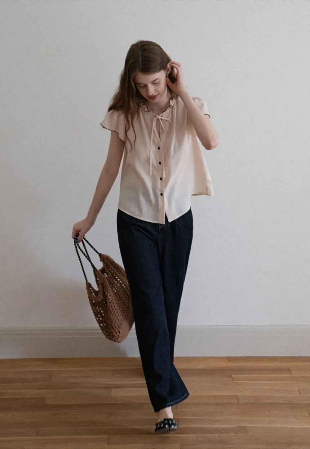 Women Ruffle Tie Neck Flutter Sleeve Button Down Blouse