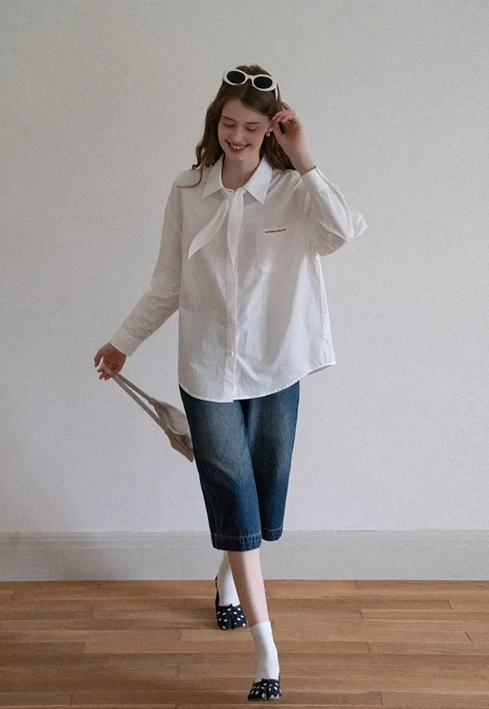 Women Plaid Tie‑Neck Shirt