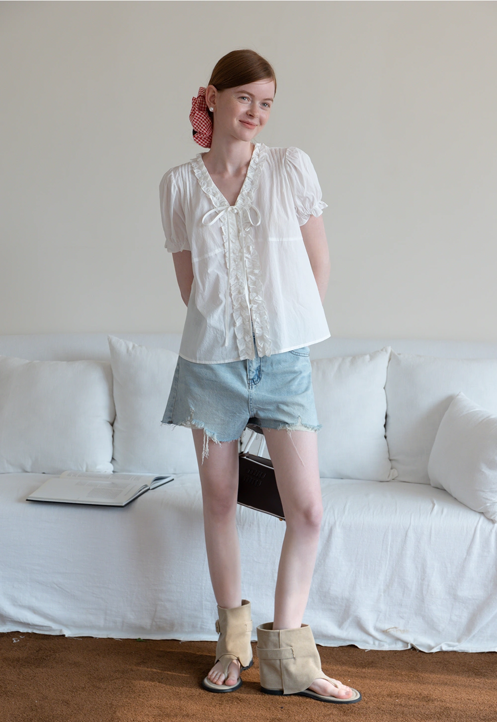 Women's Ruffle Trim Puff Sleeve Blouse