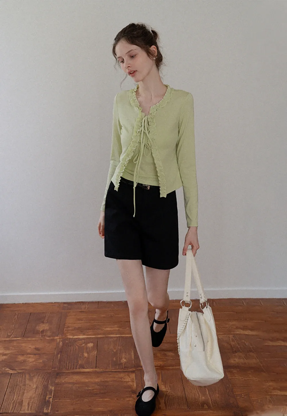 Women's Ruffle Trim Knit Top with Front Tie