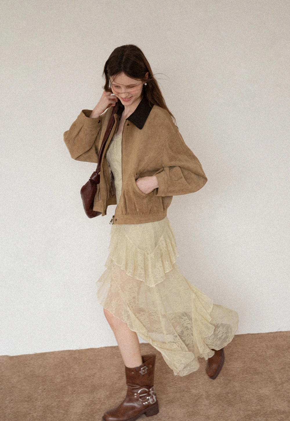 Women's Contrast Collar Faux-Suede Bomber Jacket