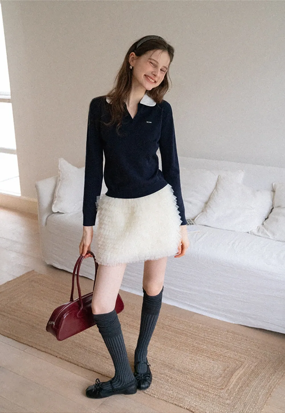 Women'sContrast Collar Long Sleeve Polo Top