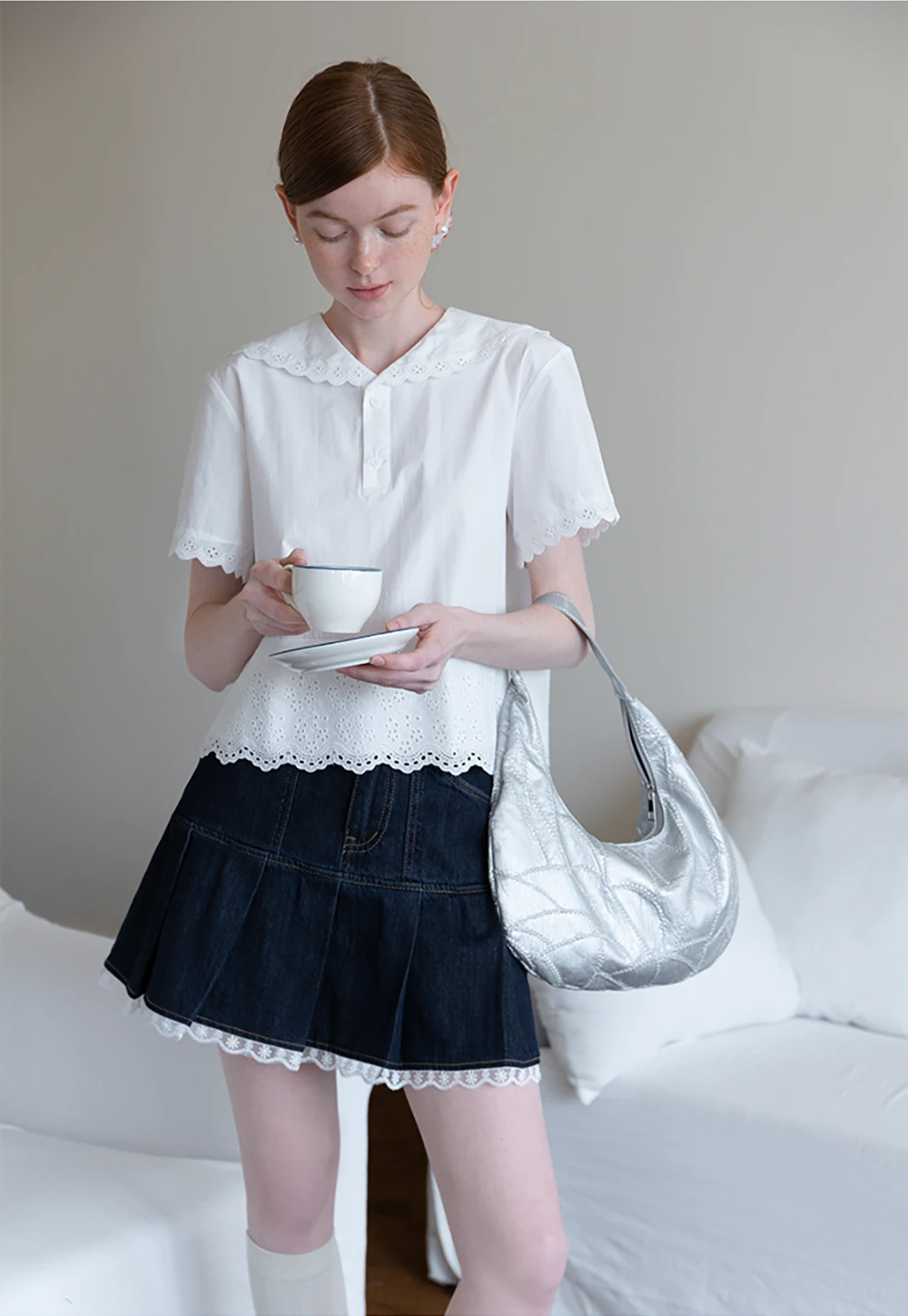 Women’s Pleated Denim Mini Skirt with Lace Trim