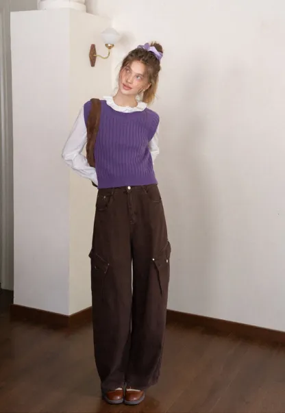 Womens Solid Color Ribbed Sweater Vest