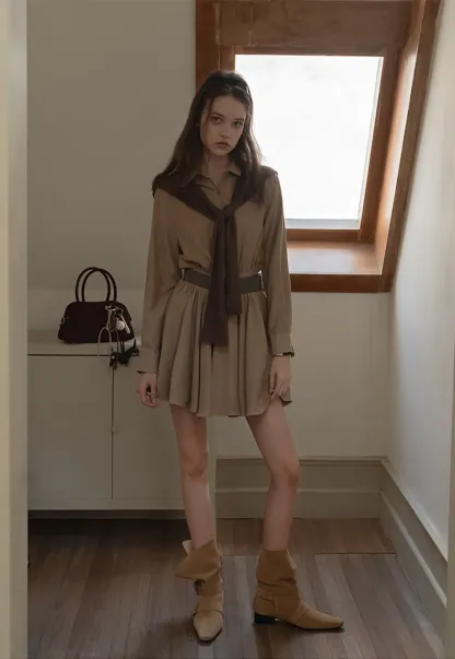 Belted Shirt Dress with Knit Scarf