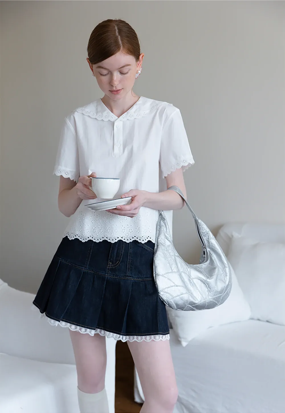 Women’s Pleated Denim Mini Skirt with Lace Trim