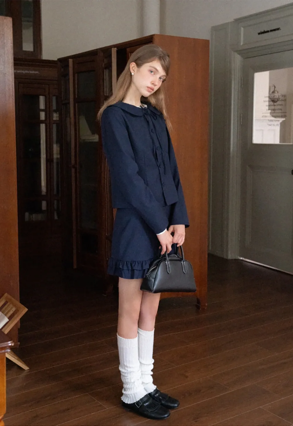 Womens Peter Pan Collar Jacket and Ruffle Hem Skirt Set