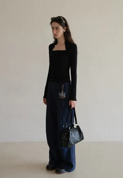 Square Neck Long Sleeve Slim Fit Top