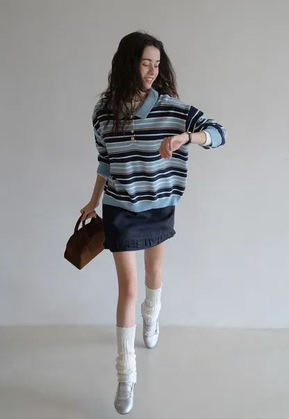 Womens Striped Polo Sweater