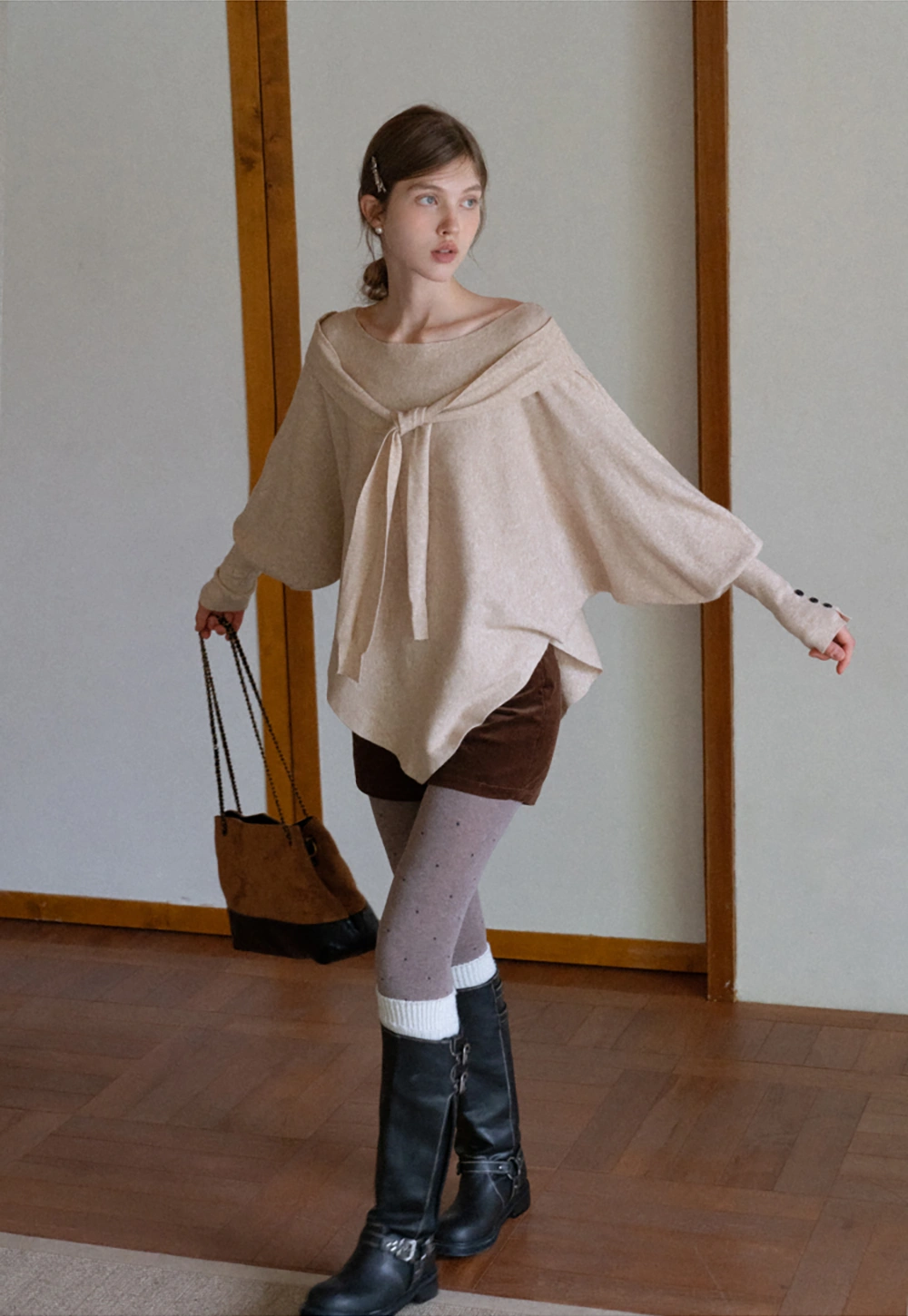 Womens Tie Collar Batwing Knit Sweater