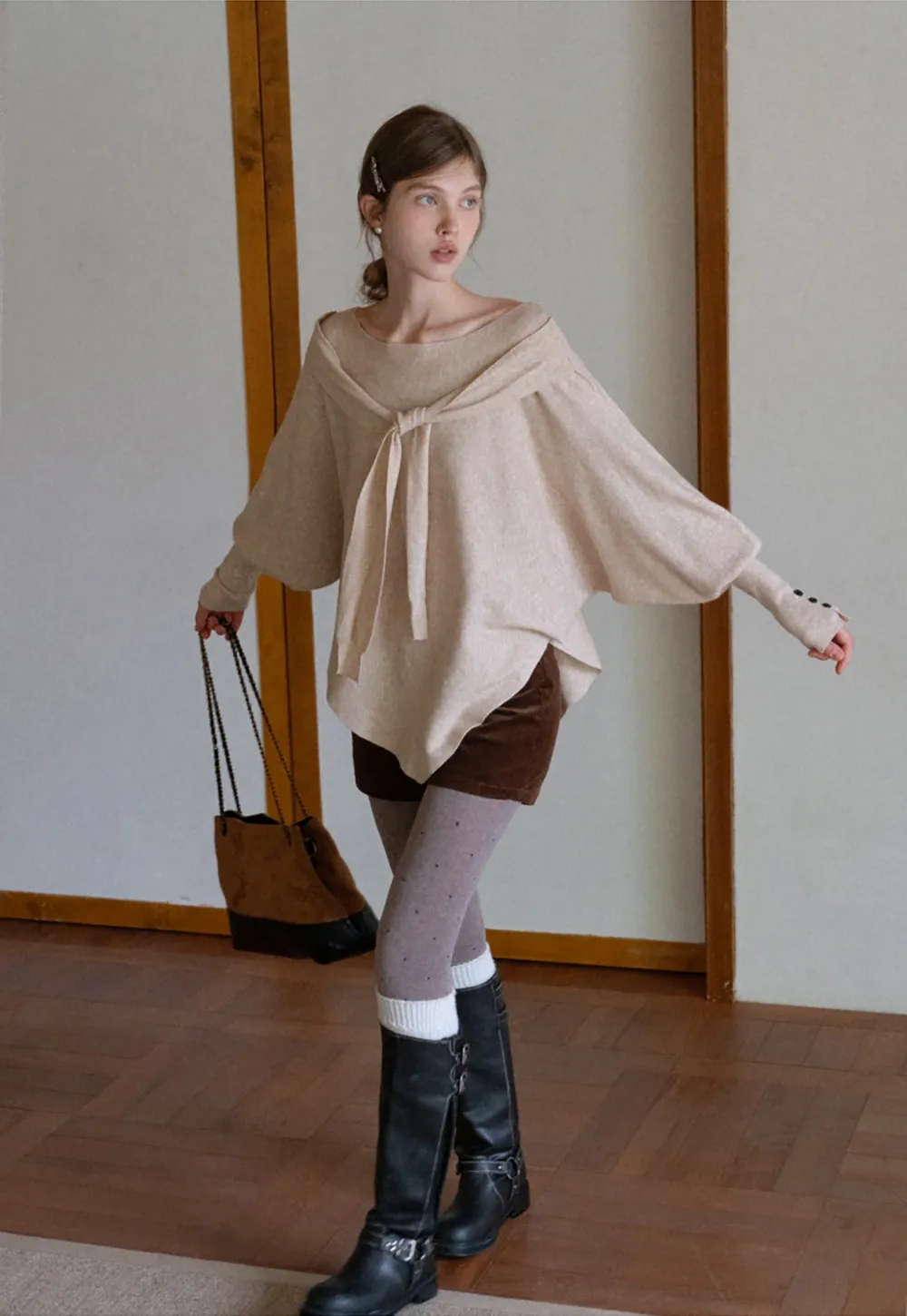 Womens Tie Collar Batwing Knit Sweater