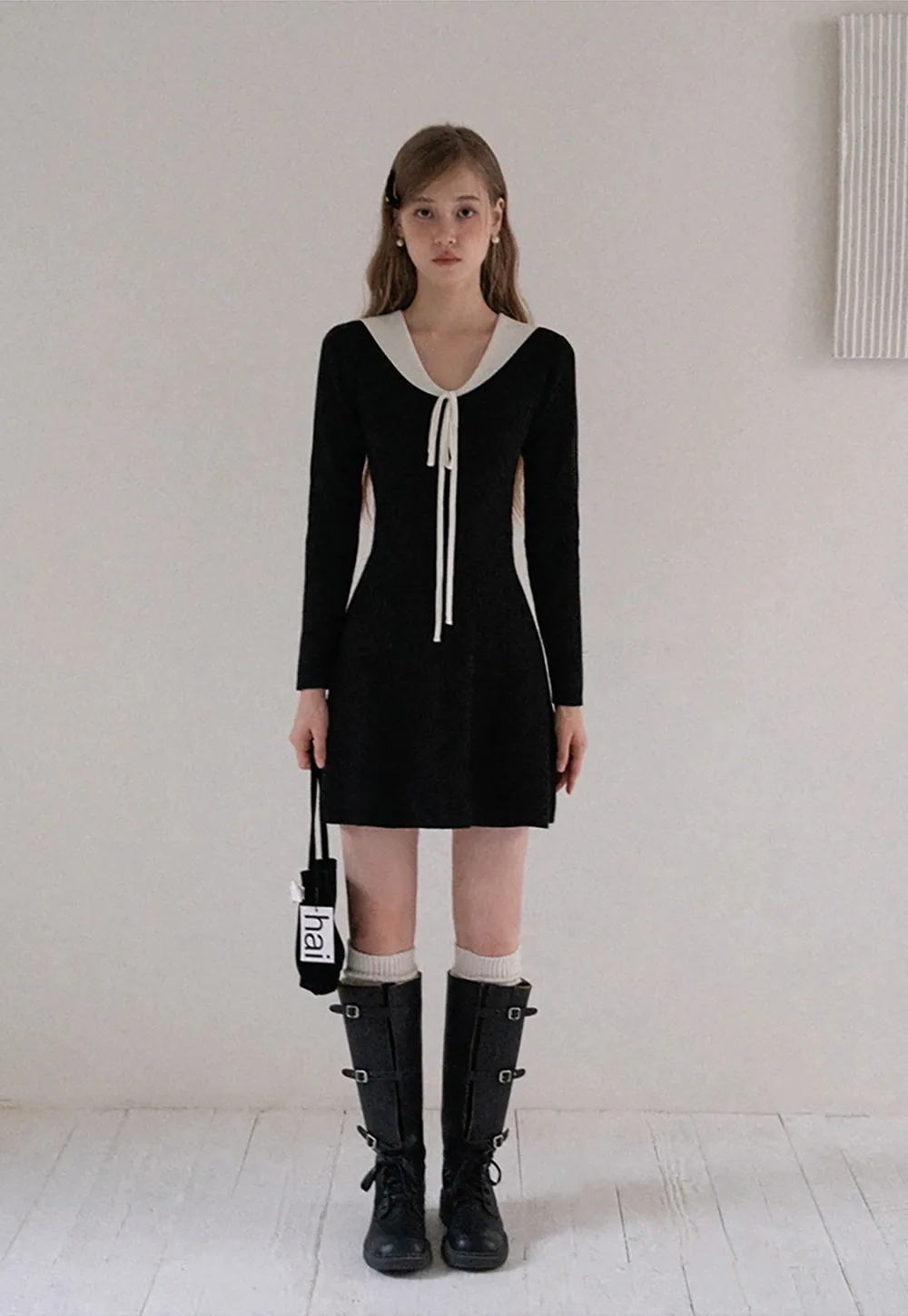 Womens Contrast Tie Collar Knit Dress