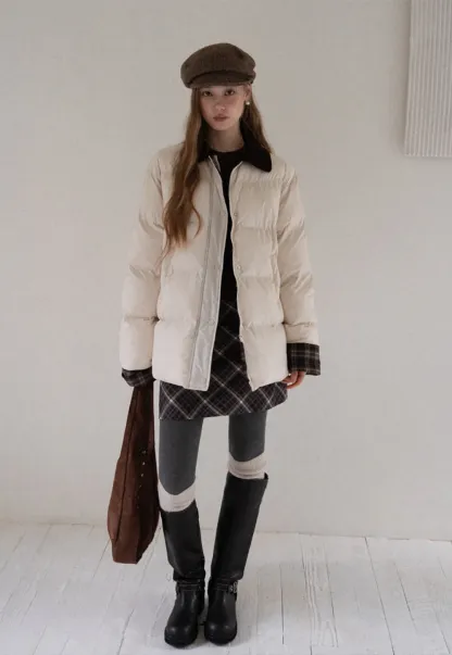 Women Short Cotton Coat with Contrast Collar and Cuffs