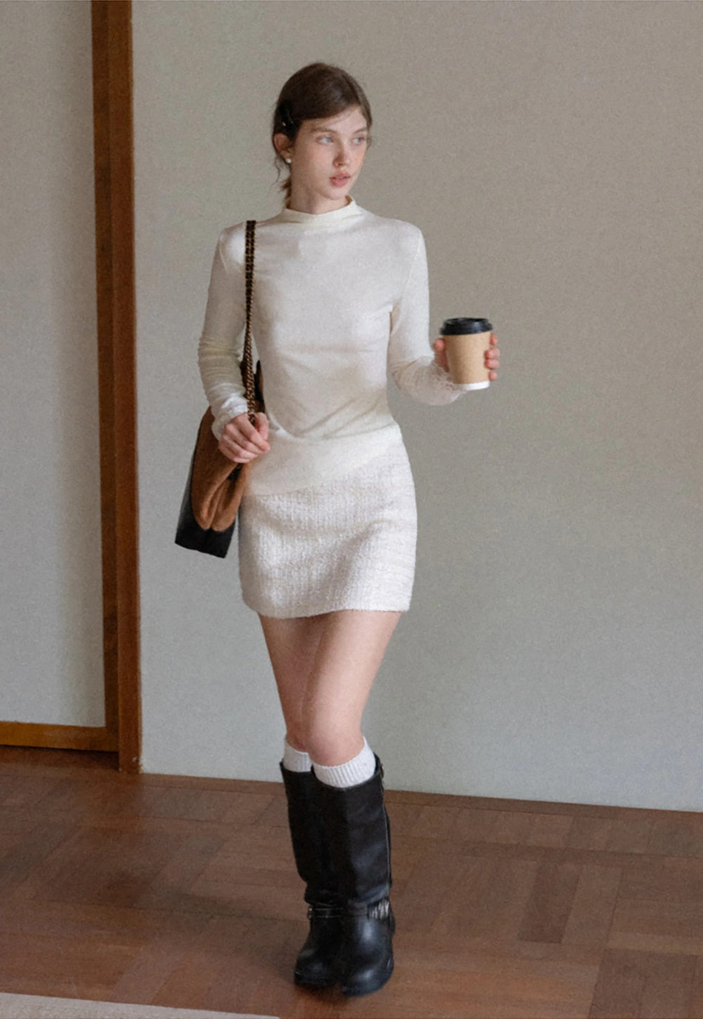 Women Cream White Lace Cuff High Neck Tee