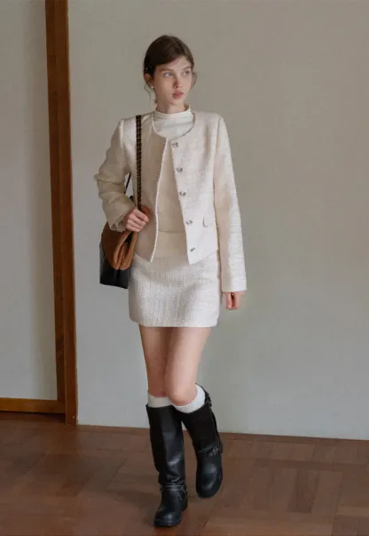 Women Elegant Tweed Skirt Suit Set with Crop Jacket