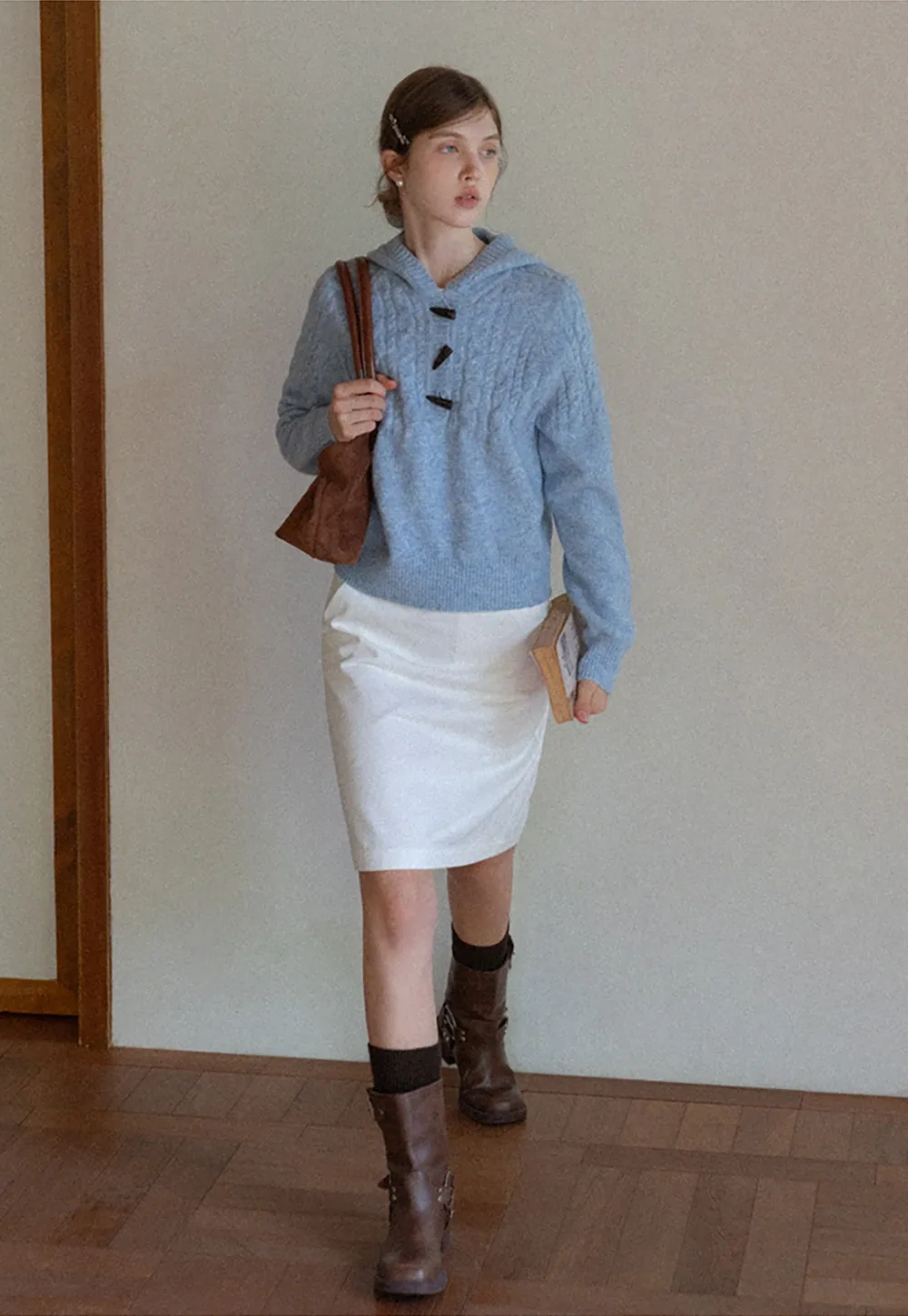 Women Winter Cable Knit Hooded Pullover