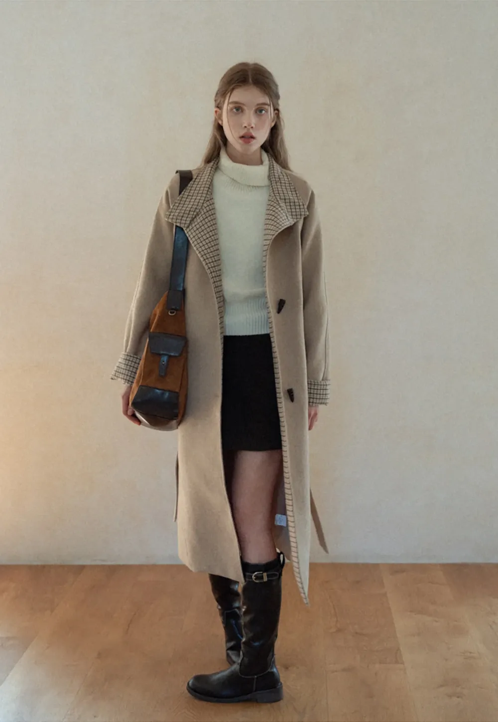 Womens Stand Collar Toggle Wool Coat with Plaid Trim