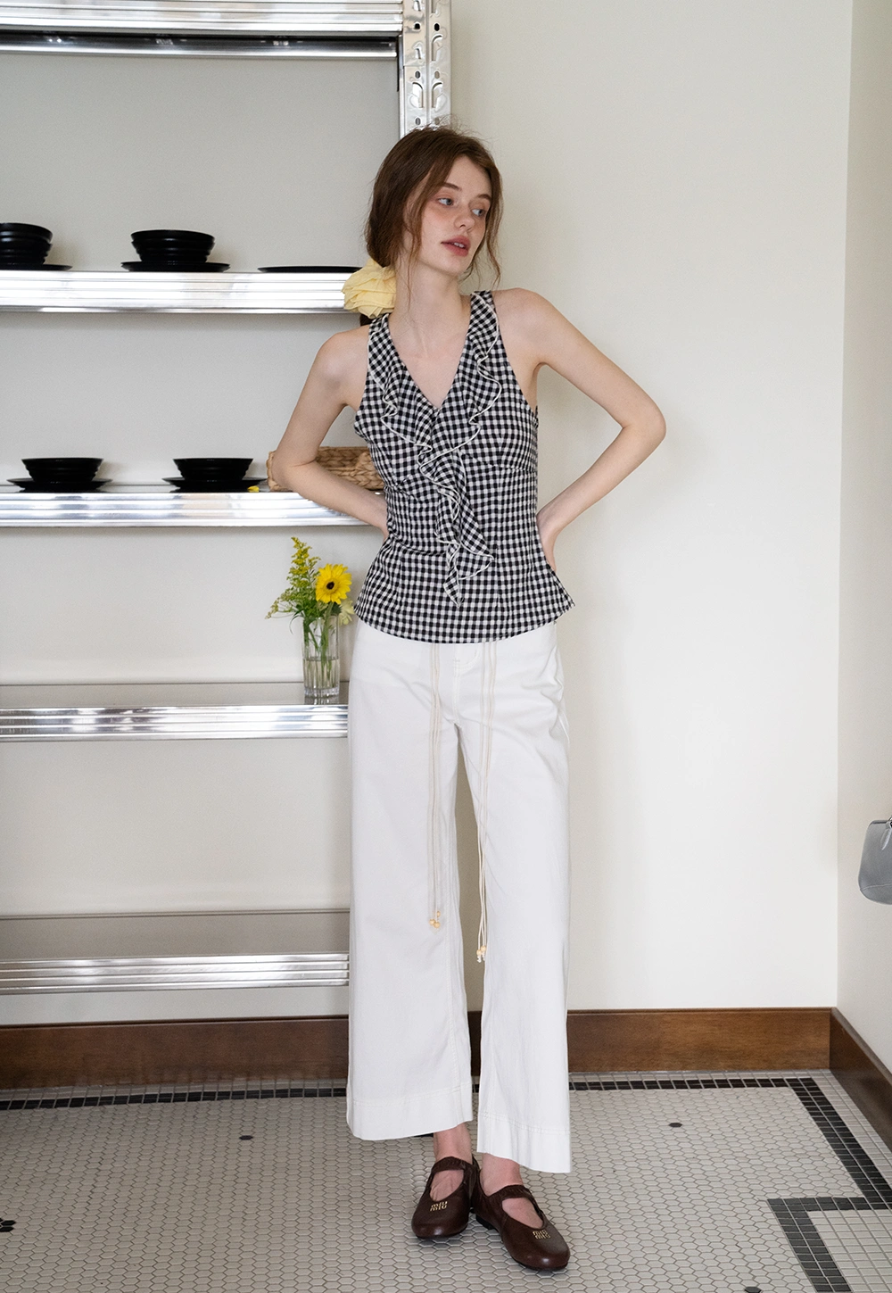Ruffled Gingham Check Sleeveless Top