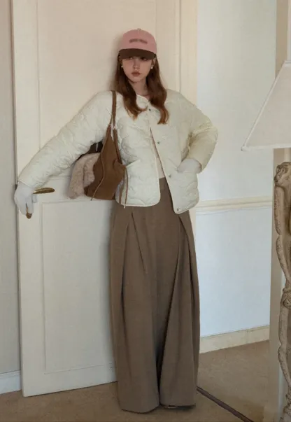 Round Neck Quilted Jacket Women Casual Outerwear