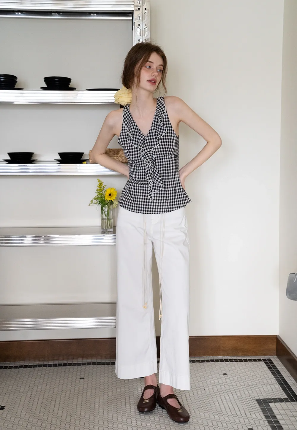 Ruffled Gingham Check Sleeveless Top
