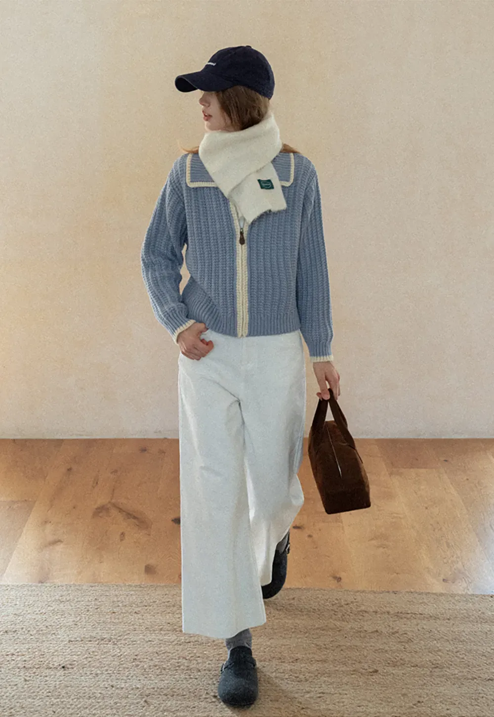 Contrast Trim Zip-Up Knit Cardigan