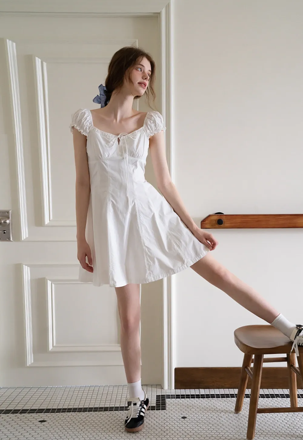 Off-Shoulder Puff Sleeve Dress with Tie