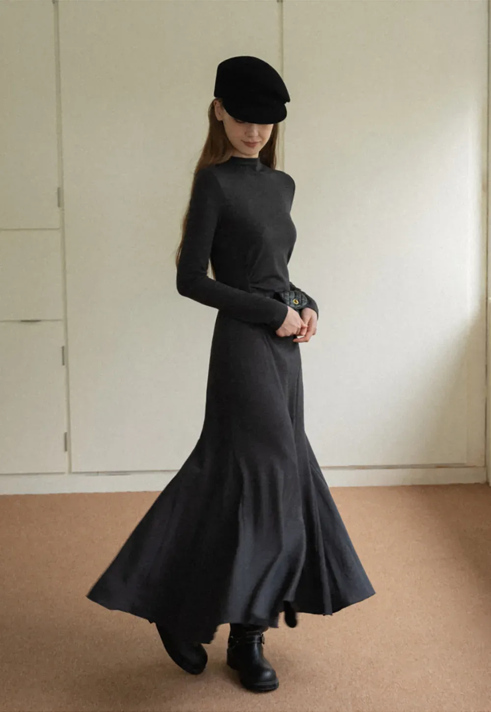 Ruched Waist Long Sleeve Midi Dress