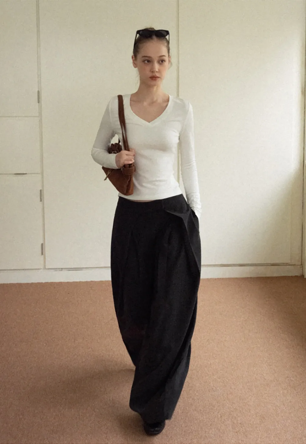 Women White V-Neck Long Sleeve Top