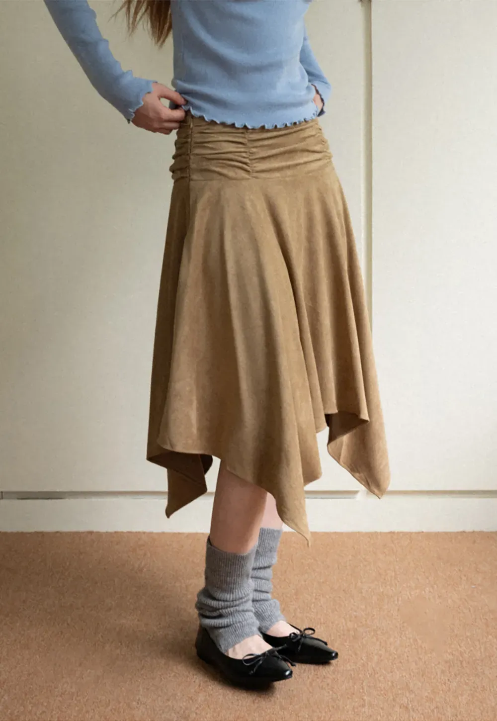 Ruched Waist Asymmetric Midi Skirt