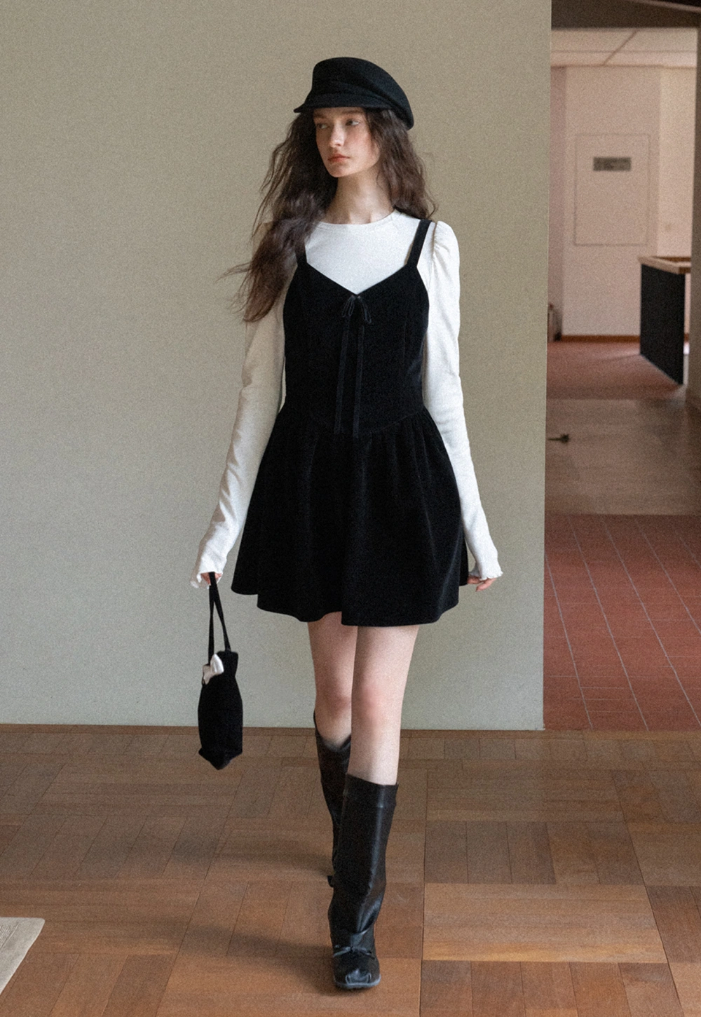 Women Black Velvet Pinafore Dress with Tie Front and Adjustable Straps