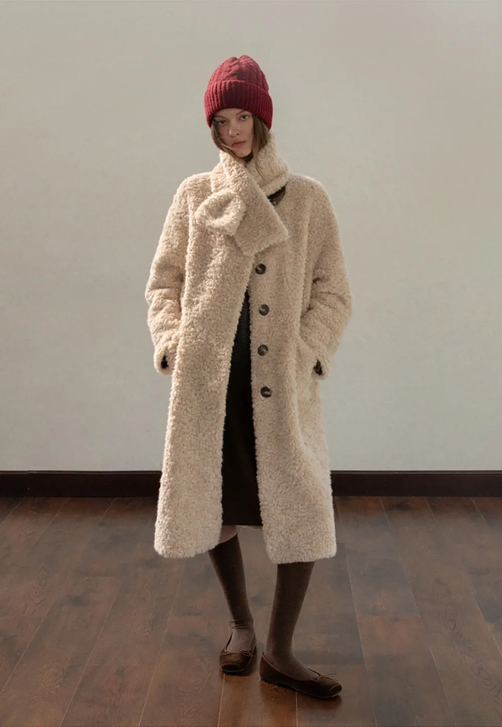 Women Long Fuzzy Teddy Coat with Attached Scarf