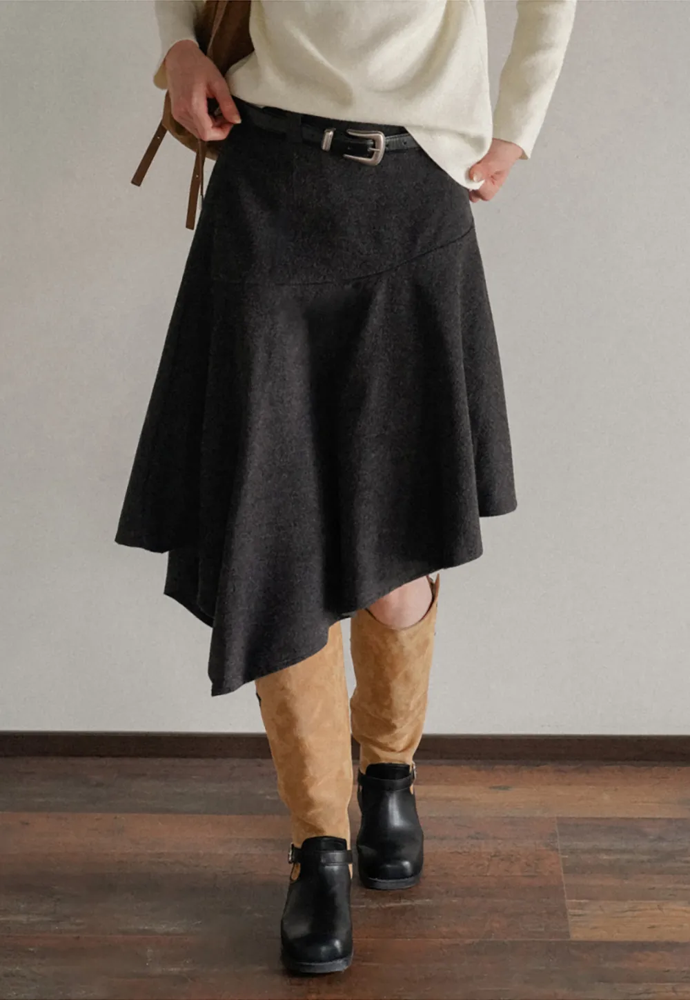 Asymmetric Wool-Blend Midi Skirt