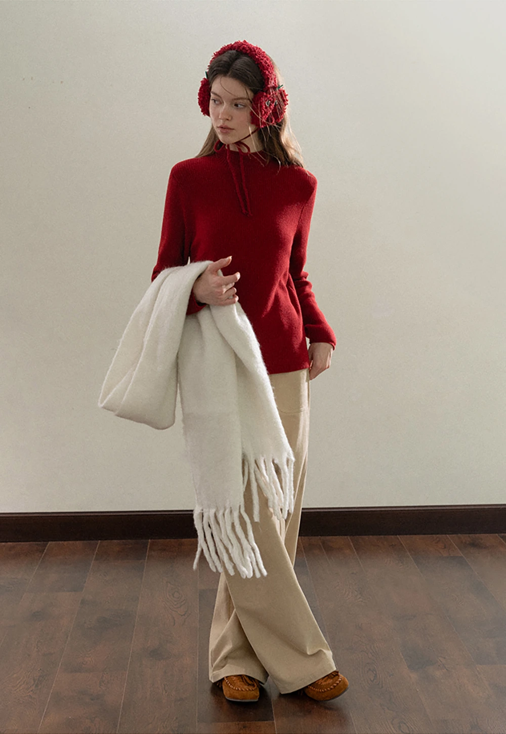 Stand-Collar Ribbed Fleece Knit Top