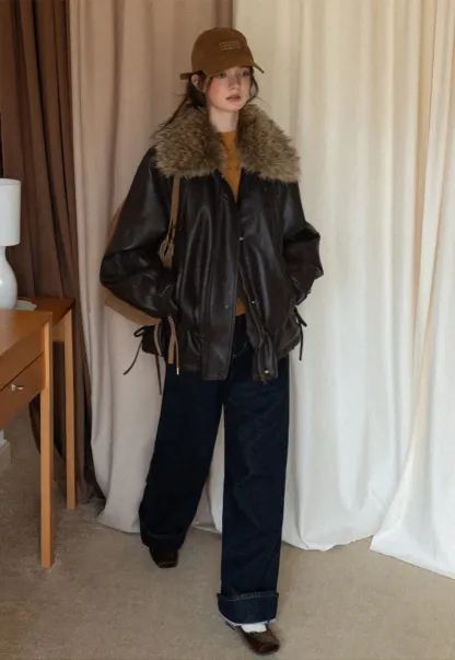 Casual Winter Faux Leather Coat with Soft Fur Collar