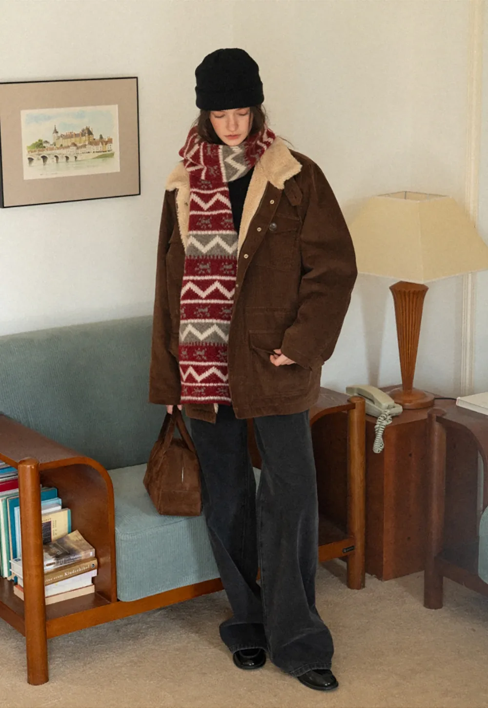 Women Casual Brown Corduroy Coat with Fleece Lining