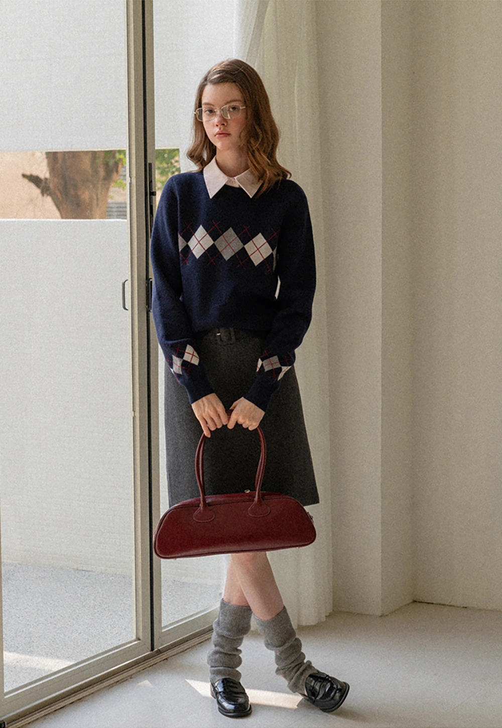 Navy Blue Sweater with Argyle Pattern for Women