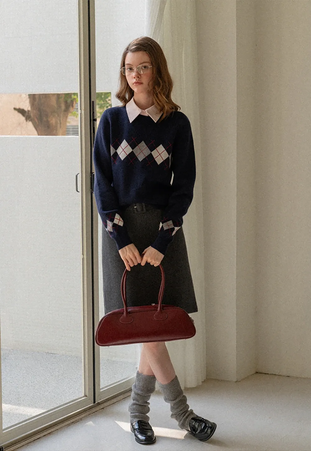 Navy Blue Sweater with Argyle Pattern for Women
