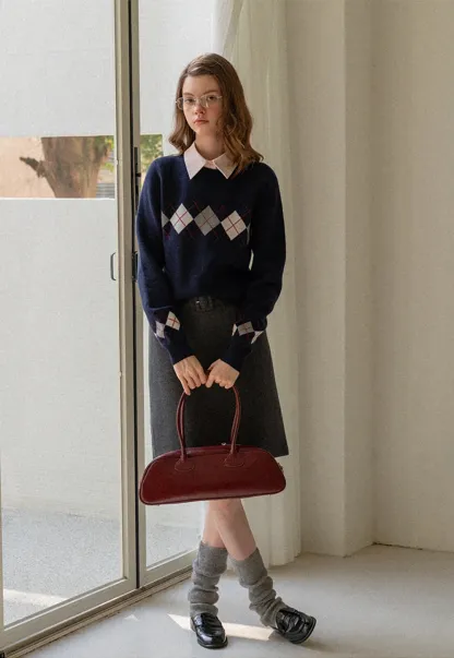 Navy Blue Sweater with Argyle Pattern for Women