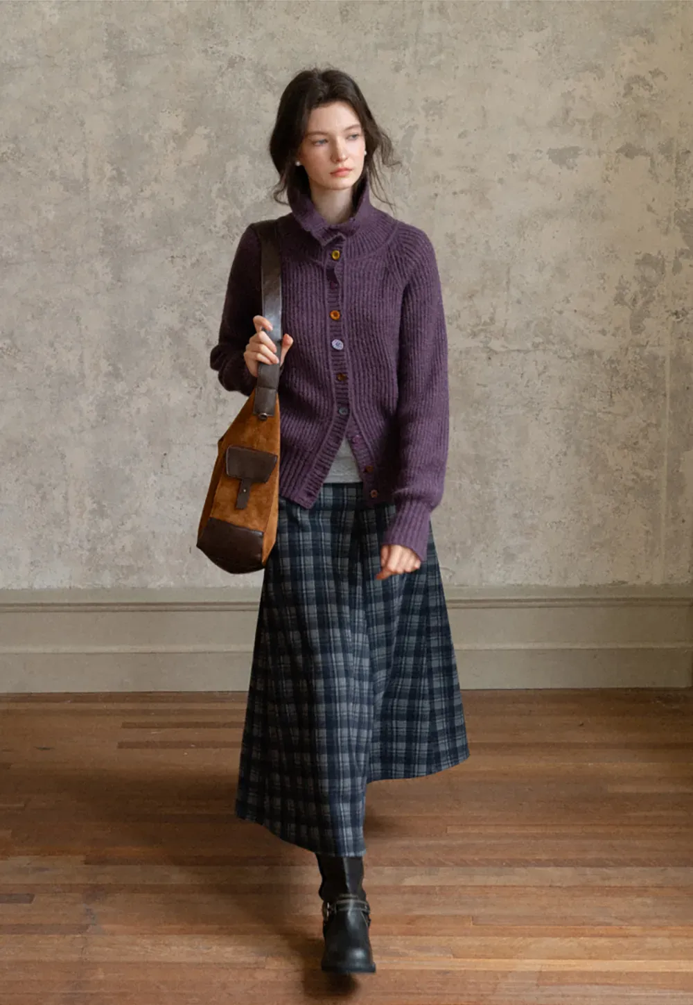 Color Button High Neck Ribbed Cardigan