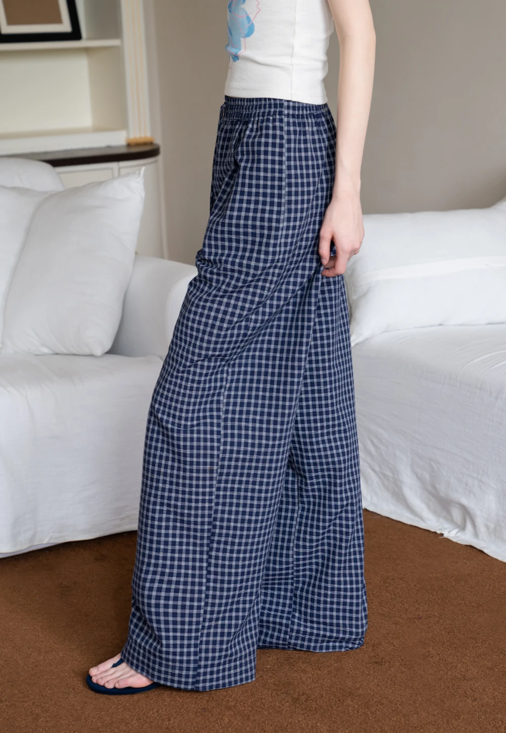 Women's Plaid Wide Leg Lounge Pants with Elastic Waist