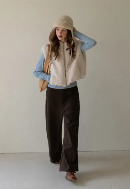 Faux Shearling Zip Vest in Beige