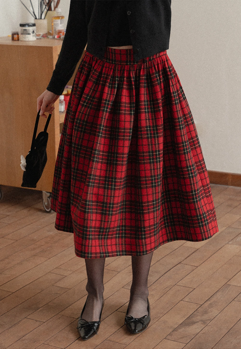 Plaid Midi Skirt with Elastic Waist for Women