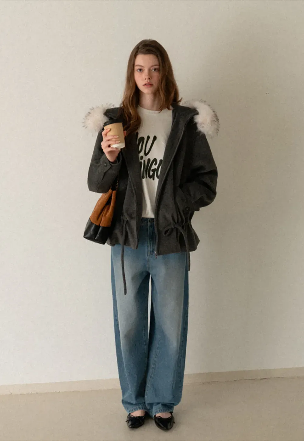 Faux-Fur Trim Hooded Charcoal Jacket